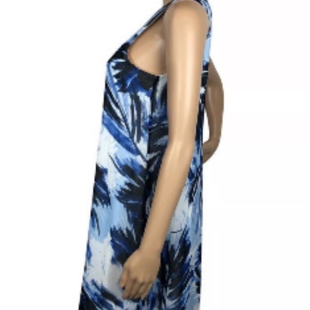 Calvin Klein Sleeveless Blue Palm-Print A-Line Dress - Picture 3 of 3